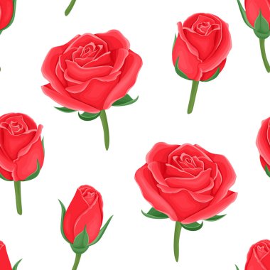 Kırmızı güller dikişsiz desen. Çiçekler ve tomurcuklar beyaz arka planda izole edilmiş. Çizgi film düz stiliyle vektör romantik çiçek çizimi.