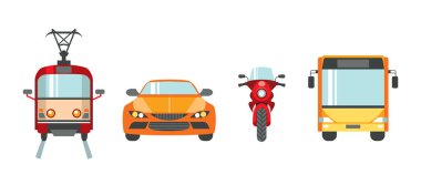 Şehir ulaşımı. Düz bir şekilde vektör illüstrasyonu. Otobüs, araba, motosiklet, tramvay beyaz arka planda izole edilmiş..