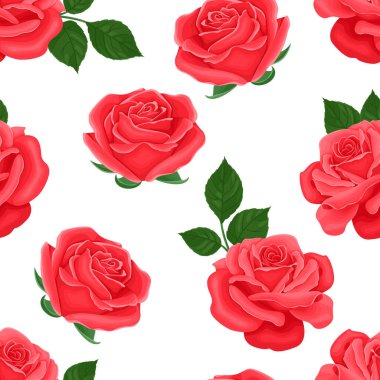 Kırmızı güller dikişsiz desen. Beyaz arka planda yeşil yapraklar ve güzel çiçekler açan başları. Karikatür düz stili vektör romantik illüstrasyon.