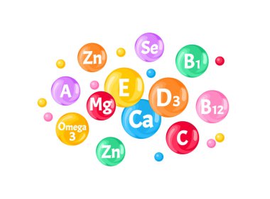 Multivitamin ve mineral pankartı. Beslenme takviyeleri karışımı. Vektör çizgi film düz illüstrasyon.