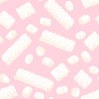 Pembe arka planda beyaz marşmelov. Şekersiz desen. Vektör çizgi film düz illüstrasyon.