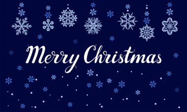 Noel tebrik kartı. Güzel kar taneleri ve koyu mavi arka planda harfler. Vektör çizgi film düz illüstrasyon.