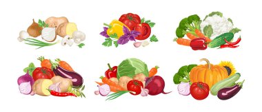 Sebze yığınları. Vektör karikatür düz çizim. Taze yiyecek simgeleri.