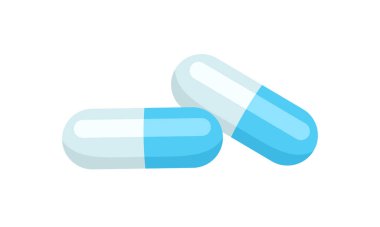 Beyaz arka planda izole edilmiş iki hap. Tıbbi kapsüller ikonu. Vektör düz çizgi film illüstrasyonu. 