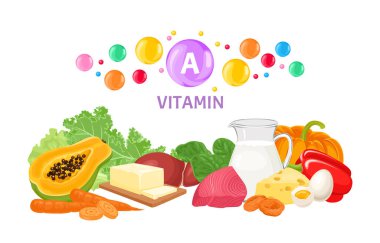 A vitamini besin kaynakları. Taze meyve, sebze, karaciğer, ton balığı, süt ürünleri ve beyaz arka planda izole edilmiş yumurtalar. Vektör düz çizgi film illüstrasyonu.