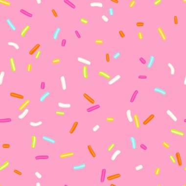 Donut gökkuşağı parçacıkları dikişsiz desen. Şeker serpiştirme dokusu pembe arka plan. Vektör çizgi film düz illüstrasyon.