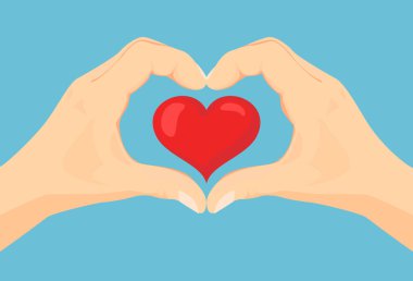 Kalp şeklinde eller. Aşk sembolü. Vektör karikatür düz çizim. Kırmızı kalp simgesi