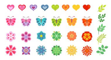 Renkli kalpleri, kelebekleri, çiçekleri ve yaprakları olan büyük bahar tasarım elementleri. Vektör karikatür düz çizimi.