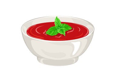 Bir kase kırmızı domates çorbası ve beyaz arka planda yeşil otlu garnitür..