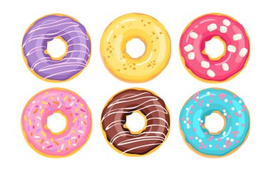 Beyaz arka planda serpiştirilmiş çeşitli jöleli çörekler ve çikolatalı çiselemeler. Vektör çizgi film düz illüstrasyon.