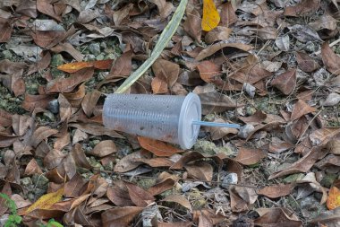 Her yere atılan şeffaf plastik konteynır çöpü sahnesi.