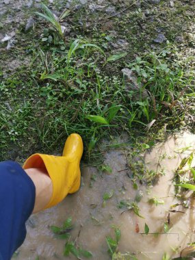 Bilinmeyen kişi sarı çizme giyiyor, sel basmış çiftliğe doğru yürüyor..