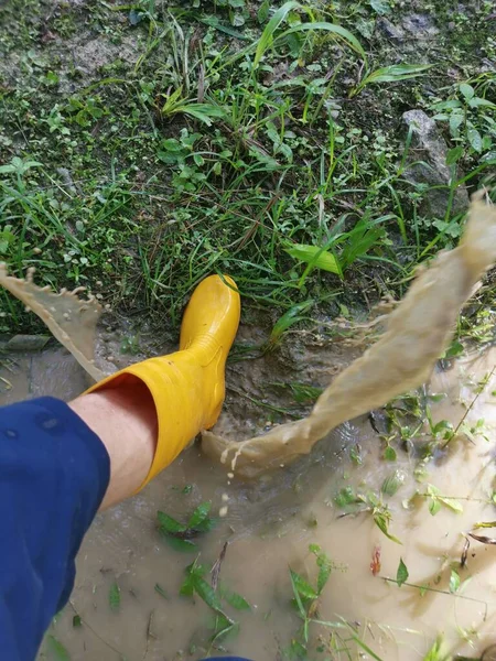 浸水した農場に黄色いブーツを着た無名の人が — ストック写真