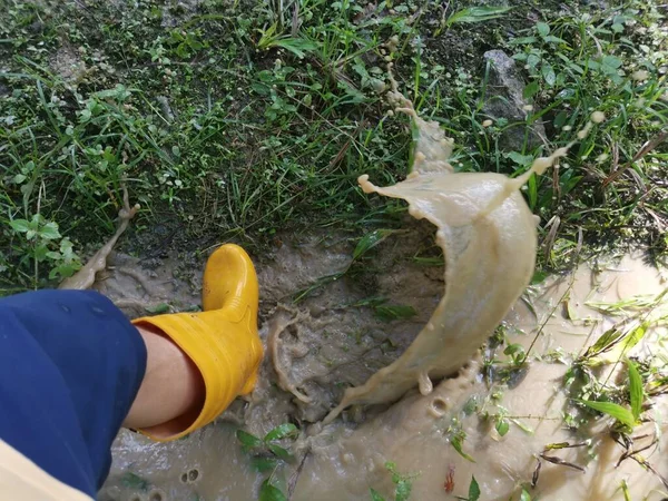 Pessoa Desconhecida Usando Bota Amarela Andando Fazenda Inundada — Fotografia de Stock