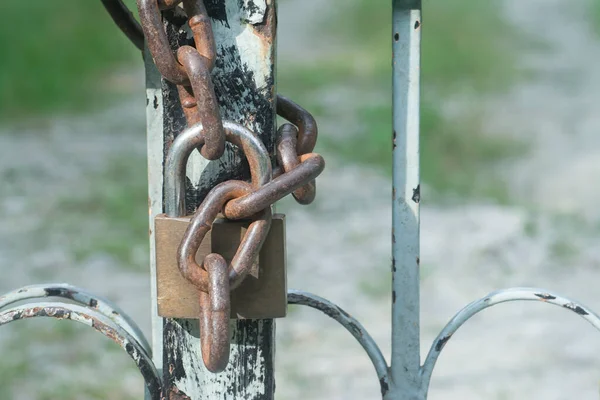 Zardzewiały Metalowy Łańcuch Kłódka Bramie Wejściowej — Zdjęcie stockowe