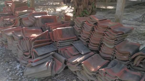 Leftover Red Roof Tiles Rural Roadside — Stock Video