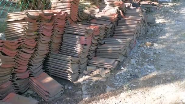 Leftover Red Roof Tiles Rural Roadside — Stock Video