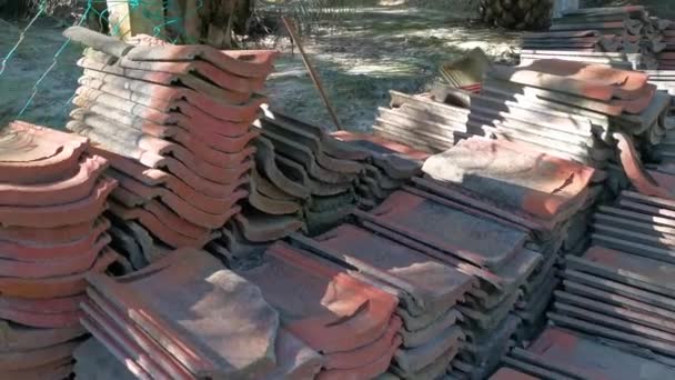 Leftover Red Roof Tiles Rural Roadside — Stock Video