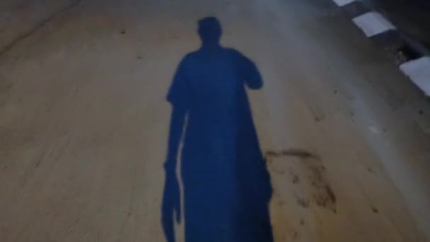 Sombra Persona Irreconocible Caminando Por Calle Por Noche — Vídeos de Stock