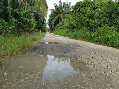 Yoğun sağanaktan sonra kırsal yolda su birikintisi bulundu..