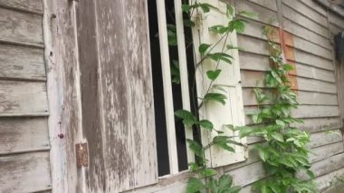 Terk edilmiş eski ahşap bina duvarı dokusu ve armatürü..