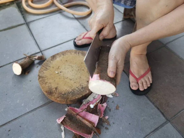 peel skin,cut and slice raw tapioca root.