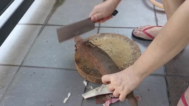 Очищать Кожу Резать Резать Сырой Корень Тапиоки — стоковое видео