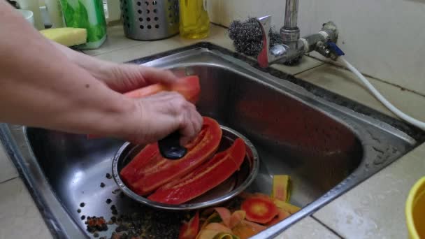 熟したパパイヤの実を剥き掃除しスライスに切る — ストック動画