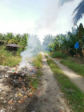 Kırsal yol boyunca yanan çöpler..