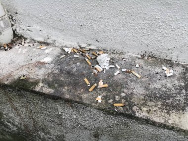 Kirli su giderinin köşesinde sigara izmaritleri var..