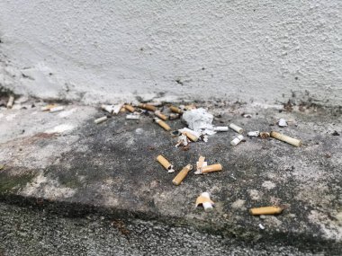 Kirli su giderinin köşesinde sigara izmaritleri var..