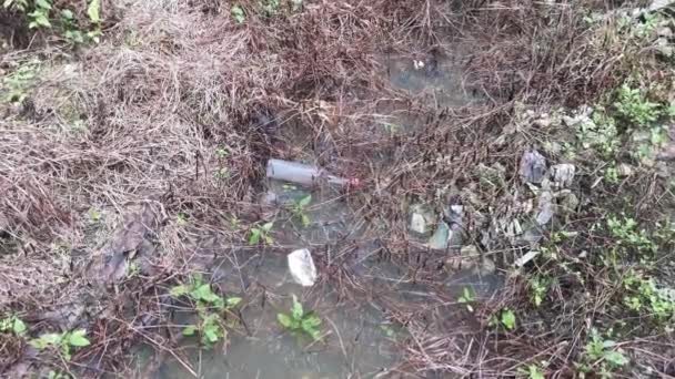 Botella Vidrio Desechado Flotando Superficie Del Agua Sucia — Vídeos de Stock