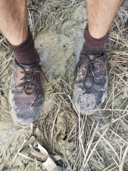 Velho Sapato Pau Com Lama Chão Pantanoso — Fotografia de Stock