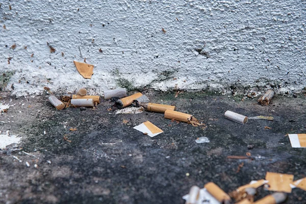 汚れた排水溝の角の左端のタバコの吸い殻 — ストック写真
