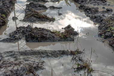 Elektrik iletim kulesinin etrafındaki çamurlu zemin