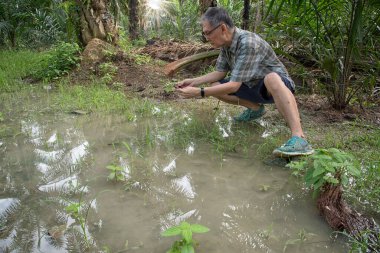 İzole edilmiş çiftlik havuzunda cep telefonuyla fotoğraf çeken bir adam..