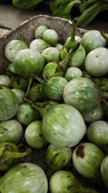 Yakın çekim yeşil yuvarlak solanyum melongena sebze veya meyve yığını.