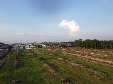 Çiftlik arazisindeki insan yapımı toprak yolların ve drenaj sisteminin hava manzarası..