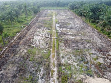 Tarlaya giden izole toprak yolun havadan görüntüsü..