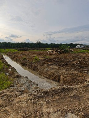 Çiftliğin çevresindeki temiz arazide insan yapımı toprak yol ve drenaj sisteminin manzarası..