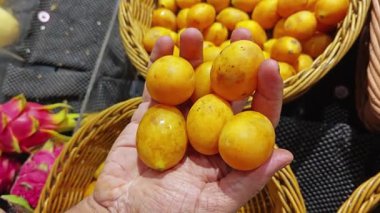 Satılık mini olgun erik mangosu ya da bouea kontritifolia meyveleri sepette..