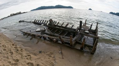 Sadece ahşap iskeleti olan, deniz kıyısında terk edilmiş bir tekne..