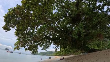 Perak, Malezya. 30 Aralık 2025: Pangkor Adası 'ndaki kumlu sahilde ya turistlerin ya da insanların dinlenme etkinliği.