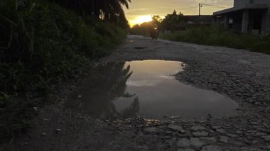 Güzel günbatımı gökyüzü huzurlu kırsal yolda durgun su havuzunun yanında..