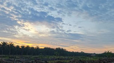 Banliyöde bulunan saban sürdükten sonra huzurlu tarım kırsalında sabahın erken saatlerinde gökyüzü.