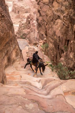 Eşek üstündeki Bedeviler, uçurumdan çöle doğru dar bir yoldan inerler.