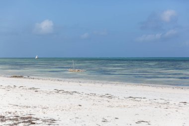 Küçük bir balıkçı katamaranı, okyanusun masmavi yüzeyinde beyaz bir yelkenlinin görülebileceği mesafede, beyaz bir kumsal yakınında demirlidir.