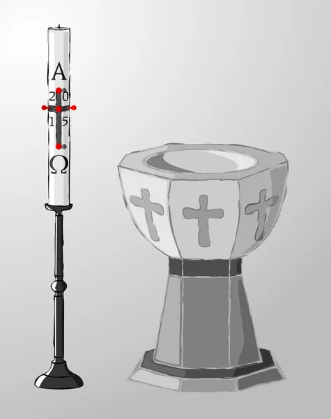 Fuente bautismal y vela pascual, bautismo — Vector de stock