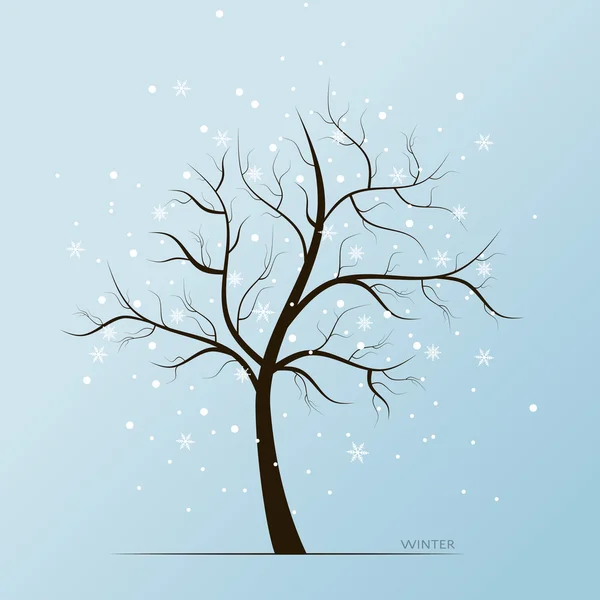 Árbol de invierno y copos de nieve — Vector de stock