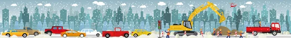 Werk op wegen (verkeersopstopping) - winter — Stockvector